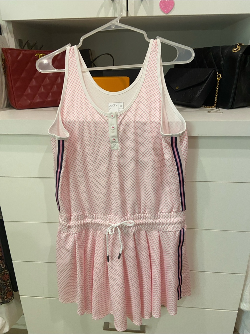 Lucky in Love Pink Grid Tennis Dress with White Trim and Blue Piping.